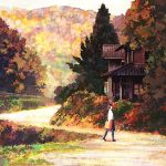  autumn bag brown_hair house kumaori_jun landscape original pantyhose scenery school_uniform short_hair skirt 