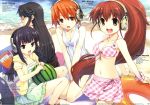  :d akg alternate_costume beach between_thighs bikini_skirt black_eyes black_hair brown_eyes brown_hair casual earphones food fruit glasses headphones highres hiiro_yuki holding holding_fruit inami_mahiru innertube jpeg_artifacts koss long_hair matsumoto_maya multiple_girls open_mouth orange_hair picnic_basket ponytail product_placement short_hair smile swimsuit taneshima_popura v_arms very_long_hair watermelon working!! yamada_aoi 