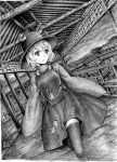  dutch_angle east_asian_architecture eyelashes frog hair_ribbon hat highres monochrome moriya_suwako nobita ribbon short_hair thighhighs touhou turtleneck walking wide_sleeves zettai_ryouiki 