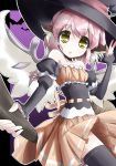  bare_shoulders black_legwear black_thighhighs broom broom_riding flat_chest halloween hat highres mystia_lorelei pink_hair short_hair skirt solo thigh-highs thighhighs touhou urimono wings witch_hat yellow_eyes 
