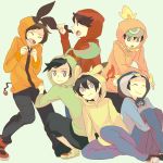  6boys black_hair charmander chikorita closed_eyes dual_persona fang fangs gold_(pokemon) green_eyes grey_eyes hoodie kouki_(pokemon) multiple_boys pikachu piplup pokemon pokemon_(game) pokemon_trainer red_(pokemon) simple_background smile tears tepig torchic touya_(pokemon) wavy_mouth yuuki_(pokemon) 