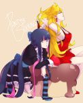  blonde_hair blue_eyes blue_hair bow dress hair_bow highres long_hair multiple_girls panty_&amp;_stocking_with_garterbelt panty_(character) panty_(psg) sitting smile stocking_(character) stocking_(psg) striped striped_legwear striped_thighhighs thigh-highs thighhighs zorim 