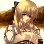  archbishop blonde_hair blush breasts cleavage forest hair_ribbon jyuri_(artist) large_breasts long_hair nature open_mouth ragnarok_online red_eyes ribbon solo water 