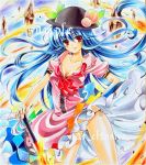  blue_hair breasts cleavage food fruit hat hinanawi_tenshi long_hair marker_(medium) panties peach rock sample side-tie_panties sword sword_of_hisou touhou traditional_media underwear weapon 