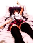  black_legwear brown_hair cellphone checkered checkered_skirt cloud_palette hat himekaidou_hatate impossible_clothes impossible_shirt long_hair lying on_back phone pillow red_eyes shirt skirt thigh-highs thighhighs tokin_hat touhou twintails zettai_ryouiki 