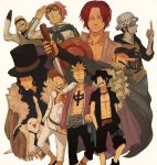  bird black_hair blonde_hair closed_eyes earrings facial_hair freckles glasses ha_(pixiv57253) hat headband helmeppo highres jewelry kaku_(one_piece) kobi long_hair male marco multiple_boys necklace necktie one_piece open_clothes open_mouth open_shirt pigeon portgas_d_ace red_hair redhead rob_lucci scar shanks shirt short_hair smile straw_hat sunglasses sword tattoo thatch top_hat trafalgar_law weapon 