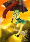  blue_hair bow bow_panties flying geta heterochromia karakasa karakasa_obake lake landscape nitoro-star open_mouth panties pantyshot red_eyes short_hair skirt skirt_flip smile sunset tatara_kogasa tongue touhou umbrella underwear white_panties 