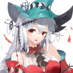 1girl :d aqua_headwear arknights ascot bare_shoulders black_neckwear breasts chinese_commentary commentary dress holding holding_staff long_hair long_sleeves master-handsome medium_breasts open_mouth red_dress red_eyes sideways_glance silver_hair simple_background skadi_(arknights) skadi_the_corrupting_heart_(arknights) smile solo staff upper_body white_background wide_sleeves 