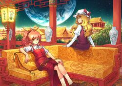  couch earth east_asian_architecture momiji_gari multiple_girls siblings sisters sitting touhou vase watatsuki_no_toyohime watatsuki_no_yorihime 