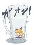  bad_id bloomers bow chain chibi cup hair_bow horns ibuki_suika in_container in_cup minigirl nyontase ribbon solo touhou translation_request 