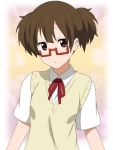  brown_eyes bust face glasses ikari_manatsu k-on! nodoka_glasses red-framed_glasses ribbon school_uniform semi-rimless_glasses short_hair short_twintails solo suzuki_jun twintails under-rim_glasses vest 