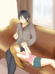  black_hair brother_and_sister brown_hair casual couch denim denim_shorts holding_hands kousaka_kirino kousaka_kyousuke long_hair ore_no_imouto_ga_konna_ni_kawaii_wake_ga_nai short_hair shorts siblings sleeping 