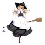  alice_margatroid apron blonde_hair boots braid broom buttons character_doll cross-laced_footwear dress hair_ribbon hand_on_hat hat highres kirisame_marisa kirisato_itsuki lace-up_boots patchouli_knowledge ribbon solo touhou witch_hat yellow_eyes 