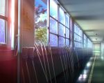 ai_ai_gasa broom cloud flower_request hallway mop no_humans original photorealistic reflective_floor scenery school sky sunlight tree window 
