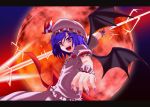  blue_hair bow fang fingernails foreshortening full_moon hat hat_ribbon letterboxed long_fingernails moon nails neri_wasabi nerii_wasabi polearm red_eyes red_moon remilia_scarlet ribbon short_hair solo spear spear_the_gungnir touhou weapon wings wrist_cuffs 