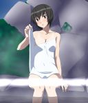  1girl :o amagami arm_support bare_shoulders black_eyes black_hair blush breasts cleavage feet_in_water nanasaki_ai open_mouth ribonzu short_hair sitting soaking_feet solo tan tanline towel water 