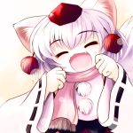  :3 :d =_= animal_ears detached_sleeves fangs hat highres inubashiri_momiji open_mouth scarf smile solo tail tokin_hat touhou white_hair wolf_ears wolf_tail yume_shokunin 