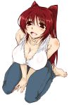  bare_shoulders blush breasts cleavage face feet hands heart jeans kneeling kousaka_tamaki long_hair red_hair redhead sitting solo to_heart_2 wariza yamaguchi_homupe 
