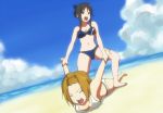  barefoot beach bikini black_eyes black_hair brown_hair closed_eyes down_blouse foreshortening k-on! long_hair short_hair submission swimsuit tainaka_ritsu uzumaki_hiyoko watanore wrestling wrist_grab 