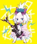  1girl bass_guitar blush dadadanoda dress freckles gym_leader hair_ornament homika_(pokemon) instrument lightning_bolt pokemon short_hair smile solo star teeth topknot white_hair 