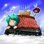  &gt;:) antennae caterpillar_tracks green_hair kotatsu madara_inosuke military military_vehicle pun shameimaru_aya short_hair table tank television touhou vehicle wriggle_nightbug yaminoagito 