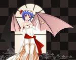  bat_wings blue_hair elbow_gloves garter_straps gloves hat highres jewelry midnight_(artist) pendant red_eyes remilia_scarlet short_hair slit_pupils solo thigh-highs thighhighs touhou white_legwear white_thighhighs wings 