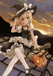  apron blonde_hair braid broom broom_riding buttons chain cloud dress hair_ribbon halloween hand_on_hat hat jack-o'-lantern kirisame_marisa light_smile looking_at_viewer mary_janes pumpkin ribbon rice_paddy shoes sky solo sunlight sunset thighhighs touhou white_legwear witch_hat xiao_qiang_(overseas) yellow_eyes zettai_ryouiki 