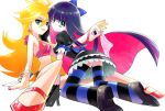  bad_id blonde_hair blue_eyes dress long_hair multiple_girls panty_&amp;_stocking_with_garterbelt panty_(character) panty_(psg) purple_hair smile stocking_(character) stocking_(psg) striped striped_legwear striped_thighhighs suhoi thigh-highs thighhighs 