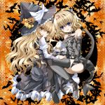  alice_margatroid alternate_costume animal_ears bare_shoulders bat black_legwear black_thighhighs blonde_hair blue_eyes bow brown_eyes cat_ears cat_tail collar hair_bow halloween hat jack-o&#039;-lantern jack-o'-lantern kirisame_marisa long_hair multiple_girls nanase_nao pumpkin short_hair star tail thigh-highs thighhighs touhou witch witch_hat 