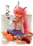  kneeling long_hair makiemon paper pink_hair red_eyes school_uniform serafuku yui_(angel_beats!) 