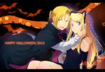  1girl animal_ears bad_id blonde_hair blue_eyes cat_ears cat_tail couple edward_elric fullmetal_alchemist halloween kemonomimi_mode long_hair open_mouth ponytail riru tail winry_rockbell yellow_eyes 