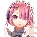  1girl artist_name blue_ribbon hair_over_one_eye hair_ribbon looking_at_viewer maid maid_headdress pink_eyes pink_hair ram_(re:zero) re:zero_kara_hajimeru_isekai_seikatsu ribbon short_hair simple_background smile solo white_background x_hair_ornament yumyum 