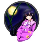  bamboo_forest black_hair blush bow brown_eyes forest full_moon hands_in_sleeves hime_cut houraisan_kaguya long_hair moon nature neri_wasabi nerii_wasabi smile solo touhou very_long_hair 