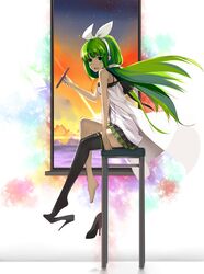  asymmetrical_clothing bare_shoulders barefoot black_legwear black_thighhighs chair eskimofox green_eyes green_hair headband high_heels holding legs long_hair open_mouth original pen shoe_dangle shoes single_shoe sitting sleeveless solo thigh-highs thighhighs 