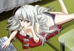  ahoge antenna_hair chemise computer down_blouse food highres kasugano_sora laptop lingerie long_hair lying mouth_hold nyantype official_art on_stomach panties pillow pinup pocky silver_hair solo table underwear very_long_hair yosuga_no_sora 
