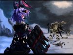  abyss_of_parliament assault_rifle astronaut battle bullpup bunny_ears extra famas from_behind gun inaba looking_back lost_planet lying machine_gun mask mecha night night_sky north_abyssor on_stomach pink_eyes purple_hair rabbit_ears rifle robot short_hair sky touhou weapon 