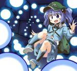  &gt;:) :d backpack bag blue_eyes blue_hair blush boots danmaku hair_bobbles hair_ornament kawashiro_nitori key no_nose open_mouth outstretched_arms outstretched_hand short_hair smile solo spread_arms touhou twintails yudepii yuderupii 