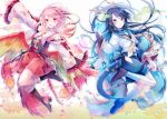  2girls bird blue_eyes blue_hair blush boots detached_sleeves dragon hair_ornament high_heels ibara_riato long_hair multiple_girls orb original pants phoenix pink_eyes pink_hair school_uniform serafuku shoes skirt socks staff tail very_long_hair wings 