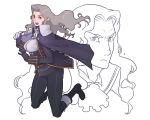  belt boots breasts castlevania castlevania:_symphony_of_the_night chain character_request cleavage cravat fingerless_gloves g-room_honten genderswap gloves grey_hair long_hair pointy_ears red_eyes silver_hair 