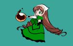  brown_hair chibi curly_hair dress green heterochromia holding long_dress long_hair open_mouth rozen_maiden simple_background solo suiseiseki 