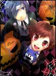  arisato_minato blue_eyes blue_hair cat_ears checkered checkered_background fangs female_protagonist_(persona_3) hair_ornament halloween headphones jack-o&#039;-lantern jack-o'-lantern jack_frost kazanami mummy persona persona_3 persona_3_portable pumpkin red_eyes red_hair redhead school_uniform spider_web 