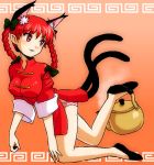  bad_id bow braid cat_ears cat_tail china_dress chinese_clothes cosplay hair_bow kaenbyou_rin multiple_tails panties ranma-chan ranma-chan_(cosplay) ranma_1/2 red_eyes red_hair redhead ribbon saotome_ranma saotome_ranma_(cosplay) short_hair sleeves_rolled_up solo striped striped_panties tail teapot touhou twin_braids twintails underwear wion 