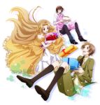  apron black_hair blue_eyes bouquet brown_hair cake code_geass dress floating flower food formal gift lelouch_lamperouge long_hair nunnally_lamperouge open_mouth purple_eyes rolo_lamperouge sagari24 short_hair smile violet_eyes 