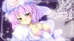  blush breasts brown_eyes cleavage hat ounen pink_hair red_eyes saigyouji_yuyuko short_hair solo touhou tree 