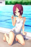  feet flat_chest hands highres kneeling legs norizou_type-r one-piece_swimsuit original pool poolside purple_eyes purple_hair school_swimsuit short_hair solo swimsuit violet_eyes water white_school_swimsuit 