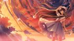  1girl :o bow brown_eyes brown_hair cloud clouds dutch_angle evening feathers flower from_below hair_bow hand_on_hat hat kazuharu_kina long_hair open_mouth original petals sky solo sunset twilight very_long_hair wind 