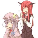  blush chin_rest closed_eyes commentary frown hat head_wings koakuma long_hair mukyuu natsuk necktie patchouli_knowledge pout purple_eyes purple_hair red_hair scratching scratching_cheek smile sweatdrop touhou 