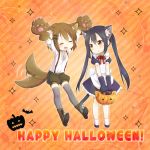  black_hair brown_eyes brown_hair candy cat_ears closed_eyes dress halloween hirasawa_yui jack-o&#039;-lantern jack-o'-lantern k-on! kemonomimi_mode koyu long_hair nakano_azusa paws pumpkin suspenders tail tail_wagging thigh-highs thighhighs twintails 