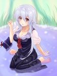  breasts cleavage dress hat hat_removed headwear_removed highres kamishirasawa_keine kamo_(yokaze) long_hair looking_up red_eyes silver_hair sitting solo submerged touhou wariza water wet wet_clothes wet_dress 