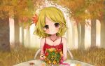  alternate_costume autumn blonde_hair bouquet clover dress earrings flower forest four-leaf_clover jewelry leaf looking_at_viewer maple_leaf nature short_hair sitting smile solo table tona_(nekotte) touhou tree wallpaper yellow_eyes 